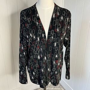 A Touch of Class Clothing Womens S/M Open Front Slinky Cardigan Black Geo Print